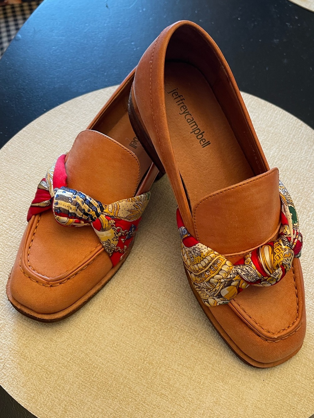 Jeffrey Campbell Tan Leather Loafers with Red Patterned Scarf Knot